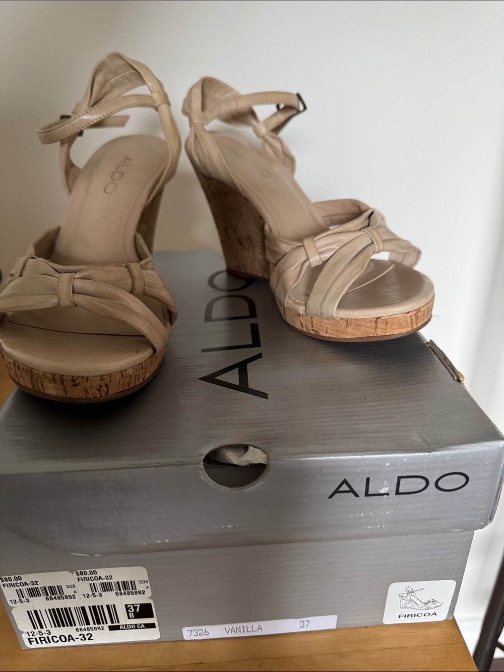 ALDO Beige Knot-Strap Cork Wedge Sandals